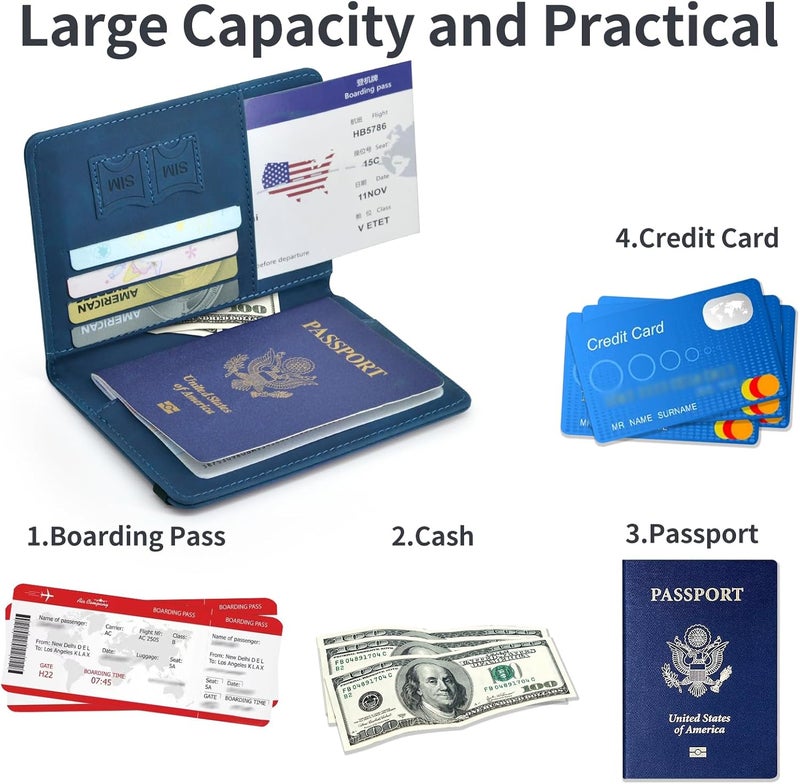 KAOBAN Passport Holder, Passport Cover with Credit Card Slot and Boarding Pass Slot Combo, Passport Wallet Case Book Travel Must Have, RFID Blocking Leather Travel Accessories, Navy Blue - Image 4